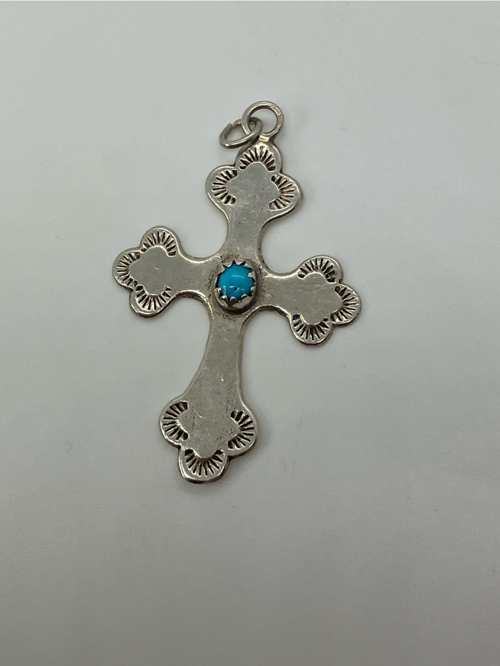 Vtg Navajo Sterling Turquoise Cross Hand Stamped Silver Pendant